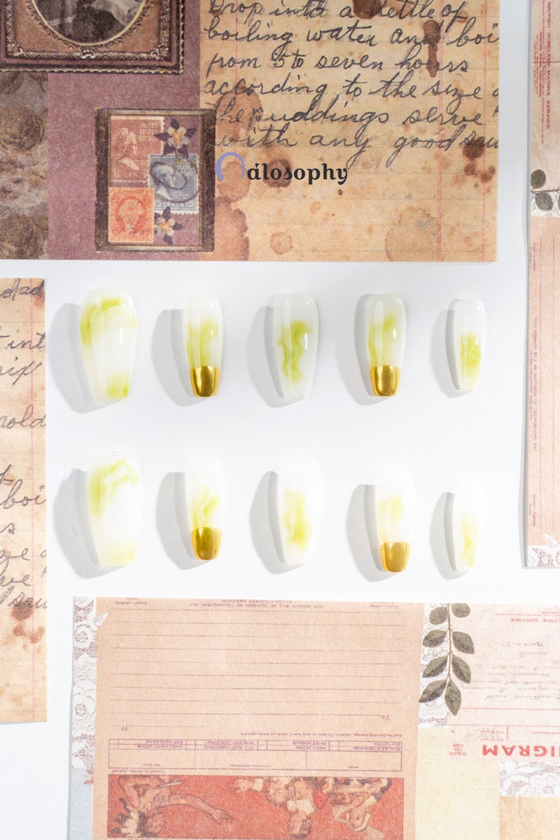 Nailosophy Handmade Gel Press-on Nails Abstract Matcha Swirl & Gold Chrome | Coffin Shape - Image 2